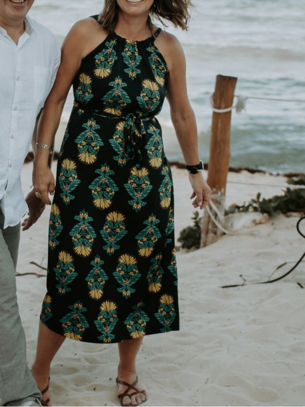 Corey Lynn Calter Navy Forsythia flower Maxi Dress with Green and Yellow motif